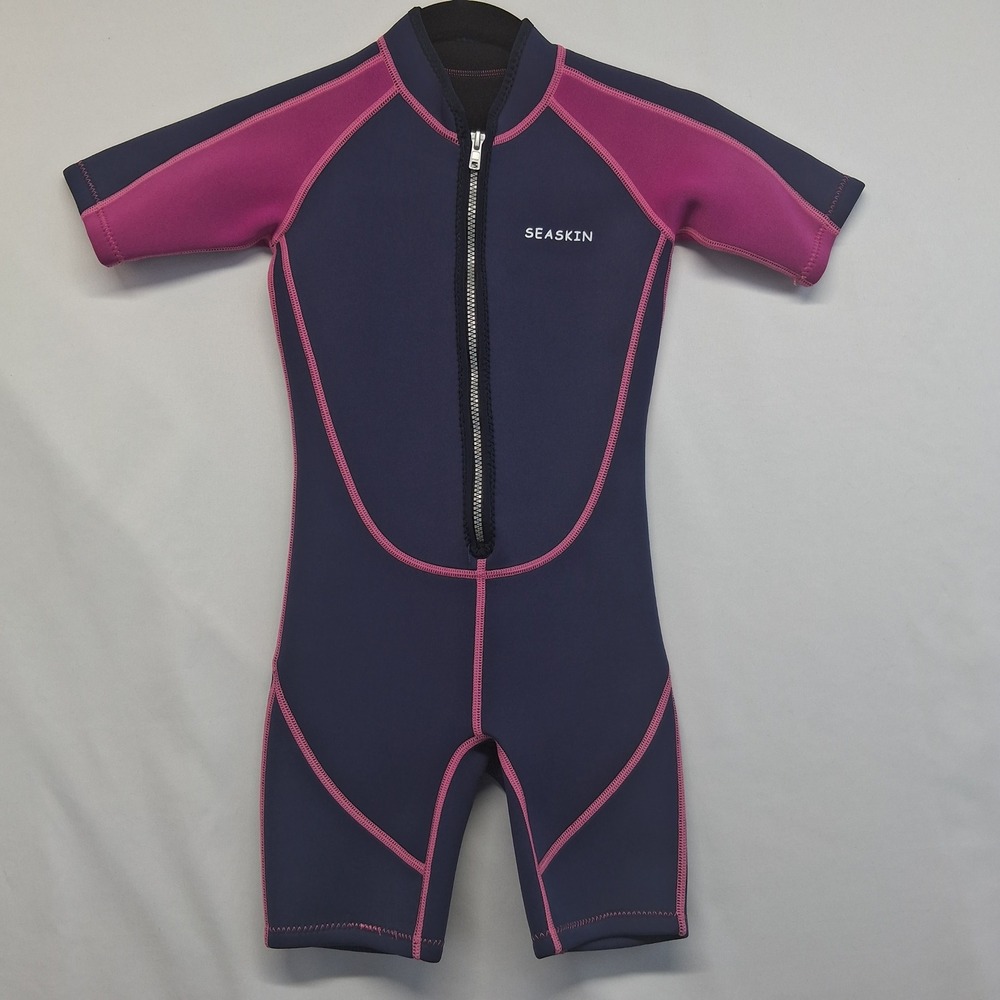 Seaskin Womens Shorty Wetsuit Size 6 Navy Pink Neoprene Front Zip Surf Swim